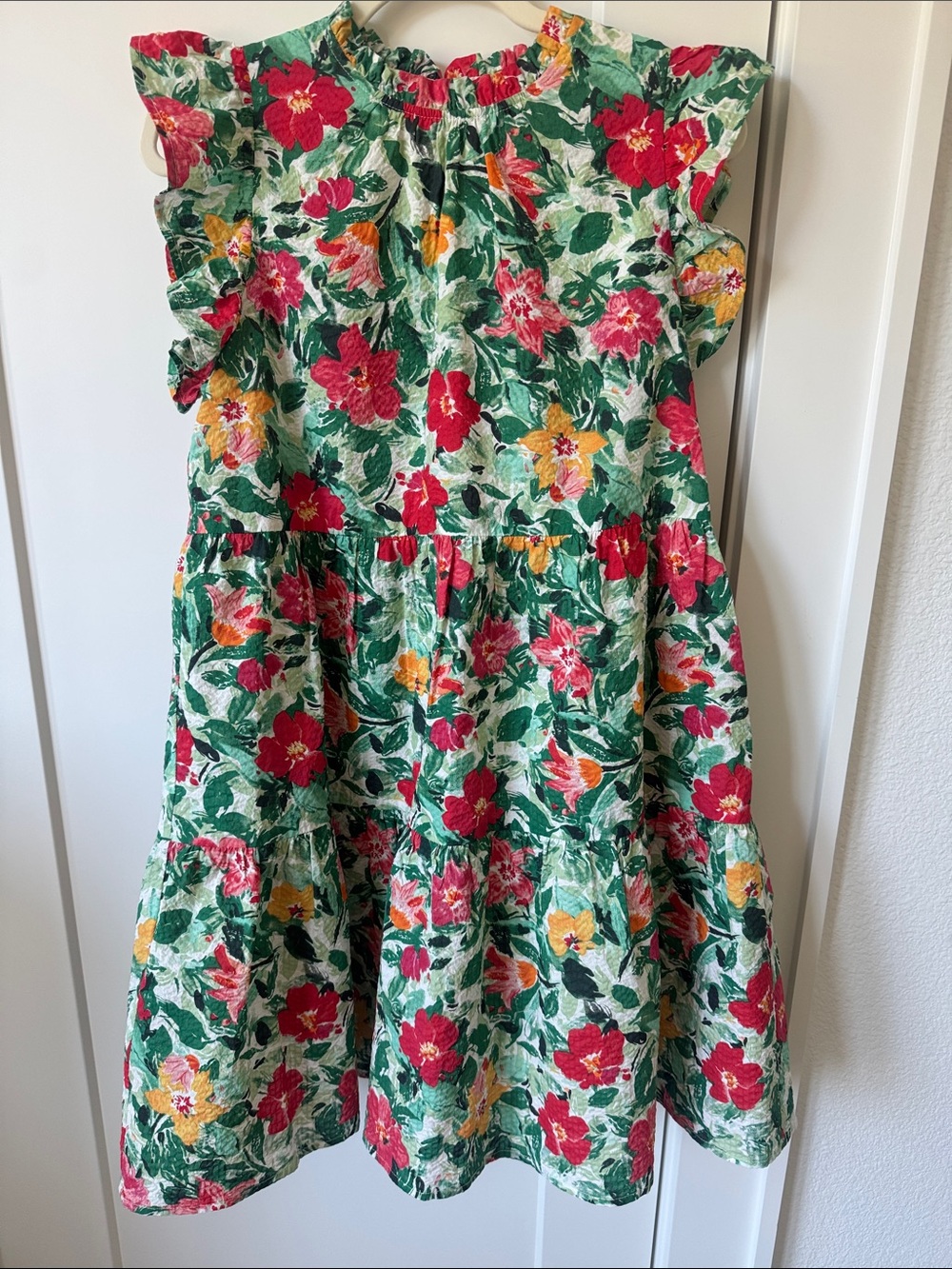 THML Green Floral Tiered Mini Dress with Red, Yellow & Pink Blooms